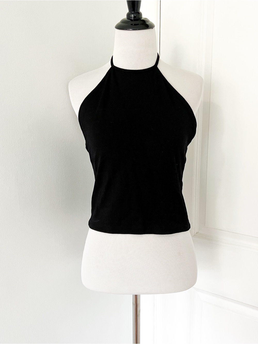 Maeve Bow Back Black Halter Crop Top with High Neck - Small